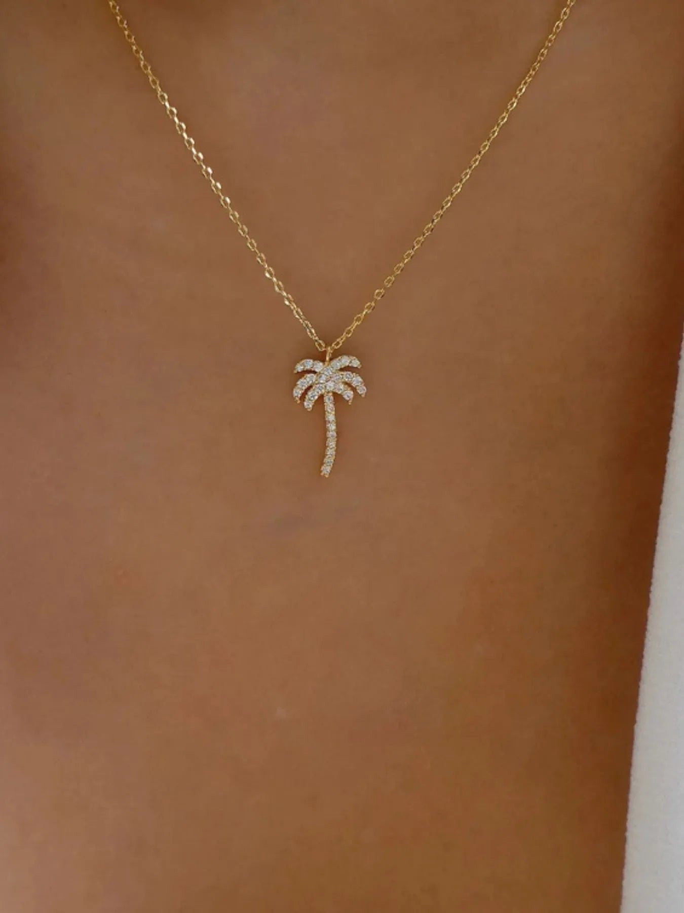 Zircon Palm Tree Pendant Necklace Gold One Size Easy Apparels