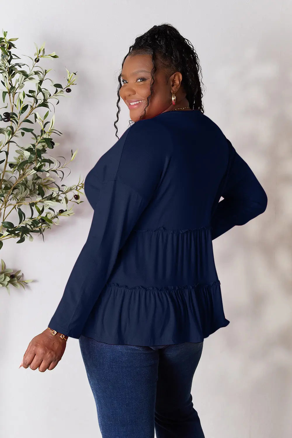 Trendsi Double Take Half Button Long Sleeve Ruffle Hem Blouse
