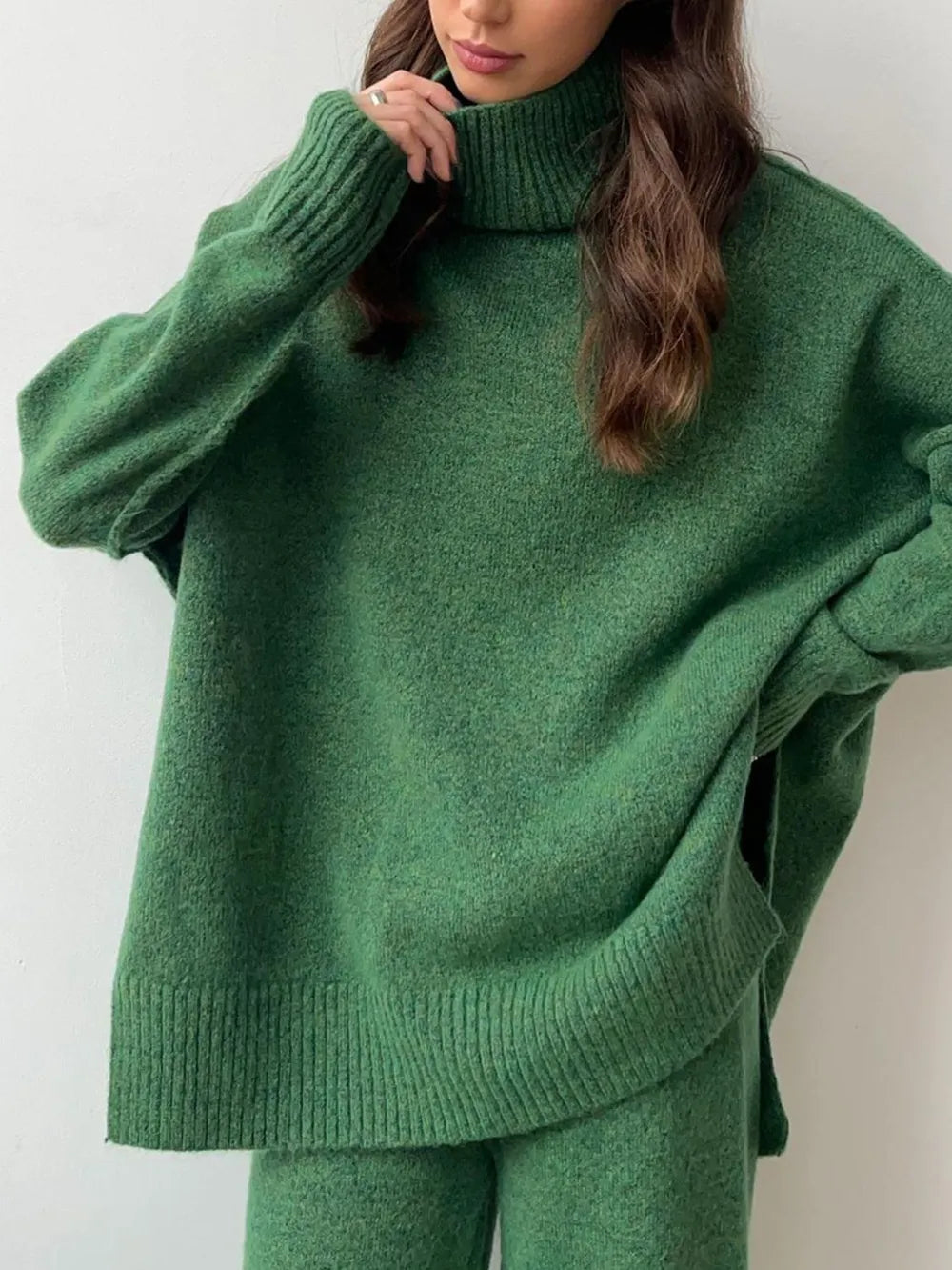 Slit Turtleneck Long Sleeve Top and Pants Sweater Set Dark Green One Size Easy Apparels