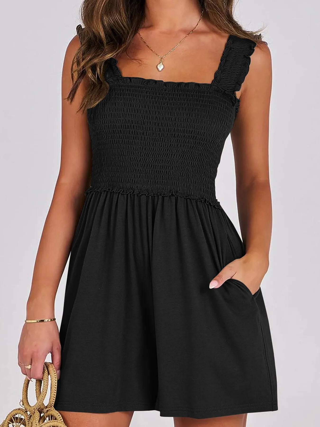 Smocked Square Neck Summer Romper Black Easy Apparels