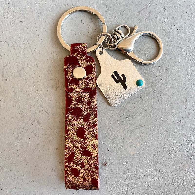 Genuine Leather Alloy Keychain Burgundy One Size Easy Apparels