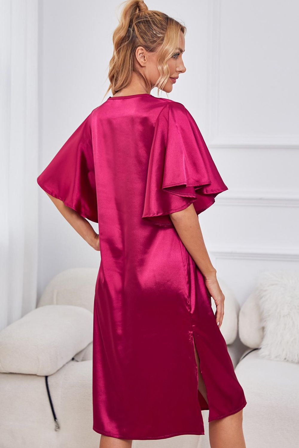 Satin Flutter Sleeve Side Slit V-Neck Night Dress Easy Apparels