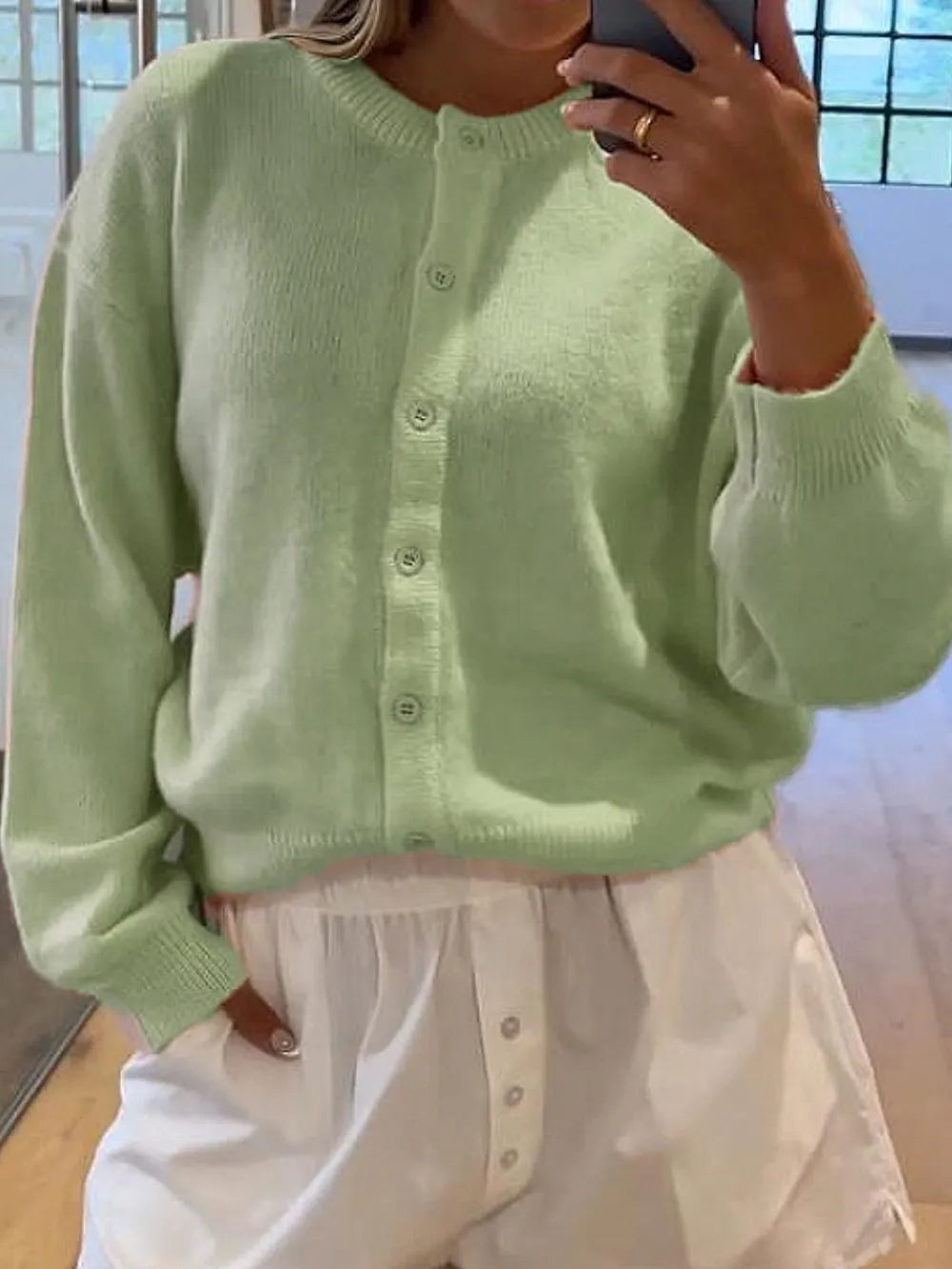 Button Down Long Sleeve Cardigan Light Green Easy Apparels
