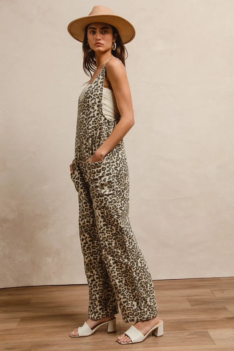 BiBi Leopard Print Adjustable Strap U Neck Jumpsuit Easy Apparels