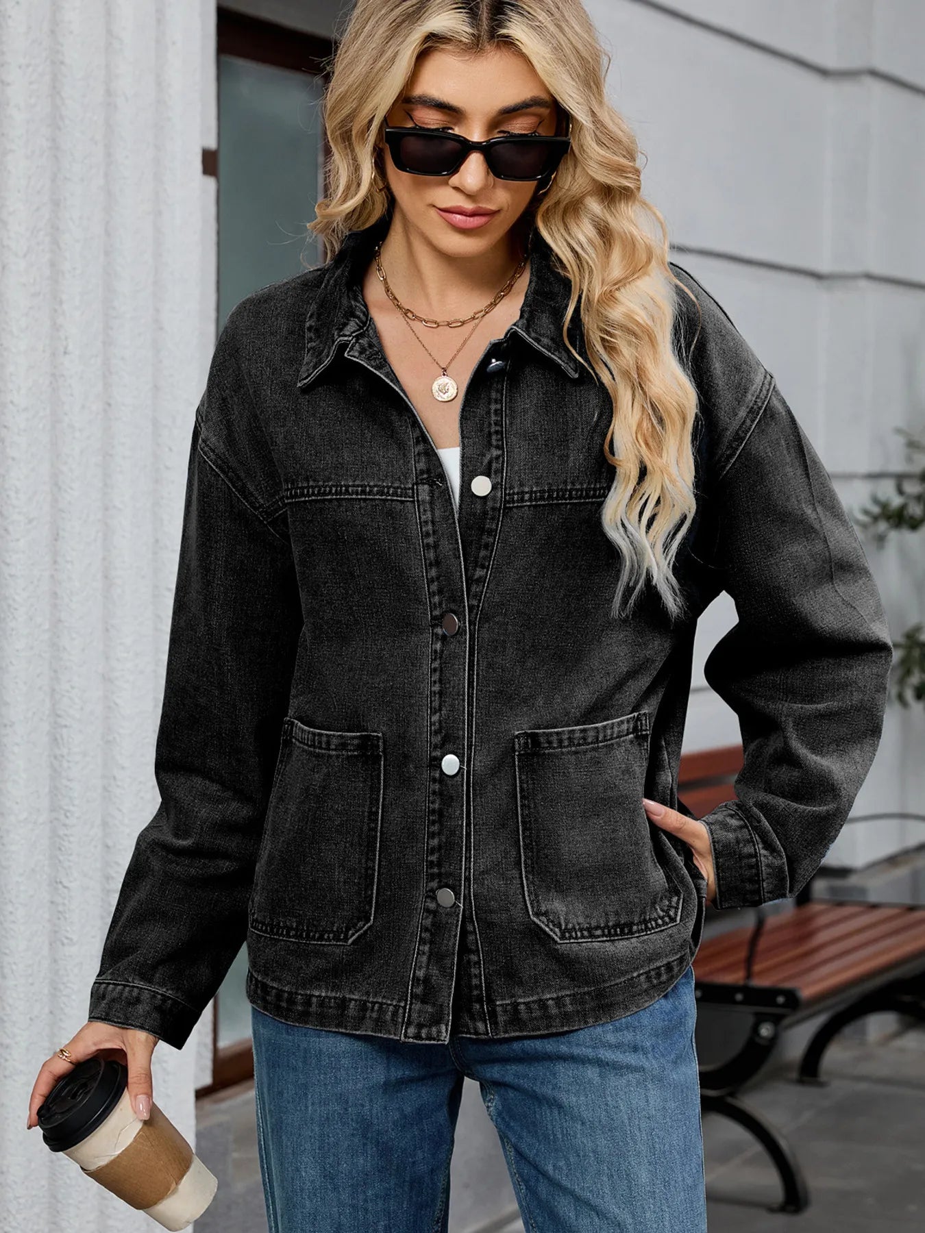 Washed Oversized Button Down Denim Jacket Black Gray Easy Apparels