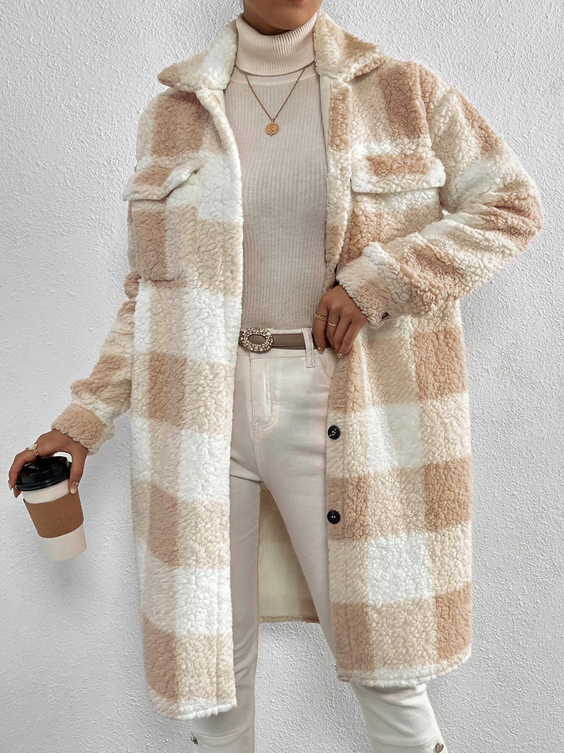 Plaid Collared Neck Button Down Coat Tan Easy Apparels