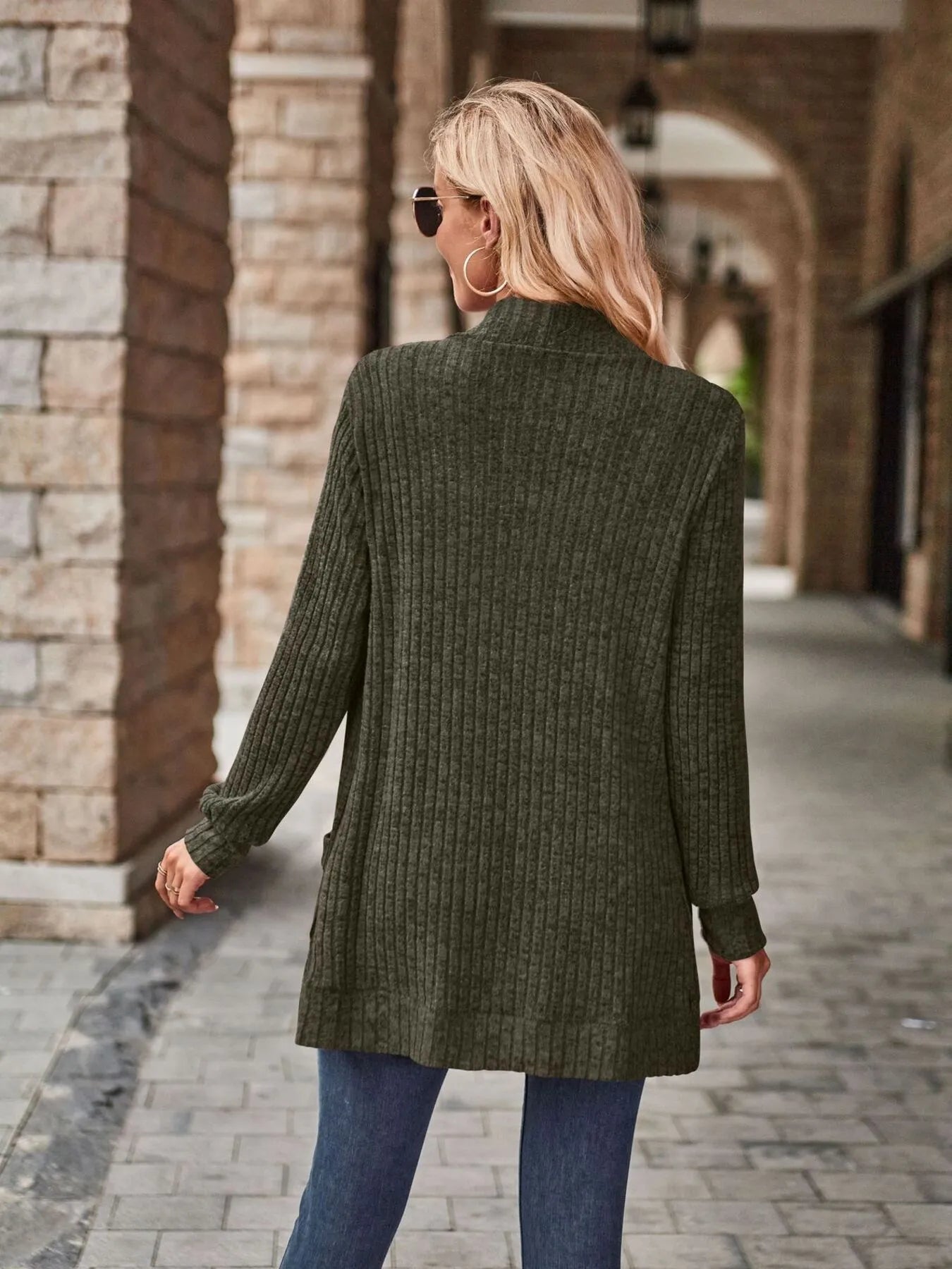 Ribbed Open Front Long Cardigan with Pockets Easy Apparels