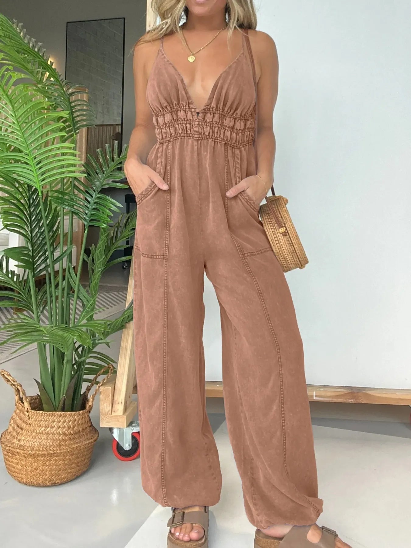 Full Size Wide Leg Spaghetti Strap Jumpsuit Plus Size Brown Easy Apparels
