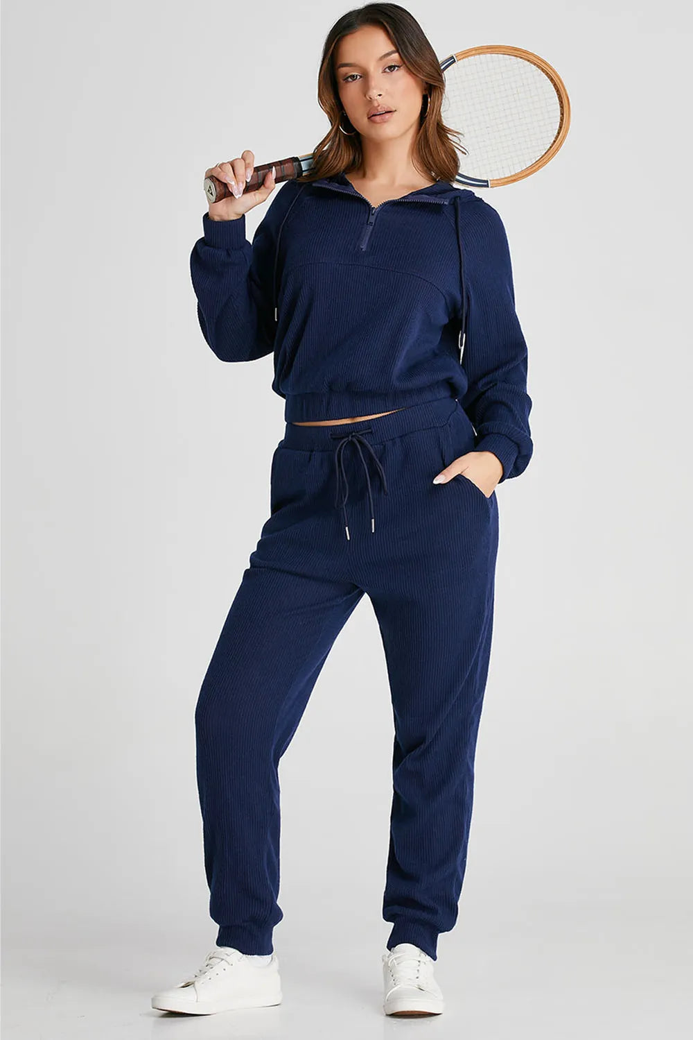 Drawstring Half Zip Hoodie and Joggers Active Set Easy Apparels