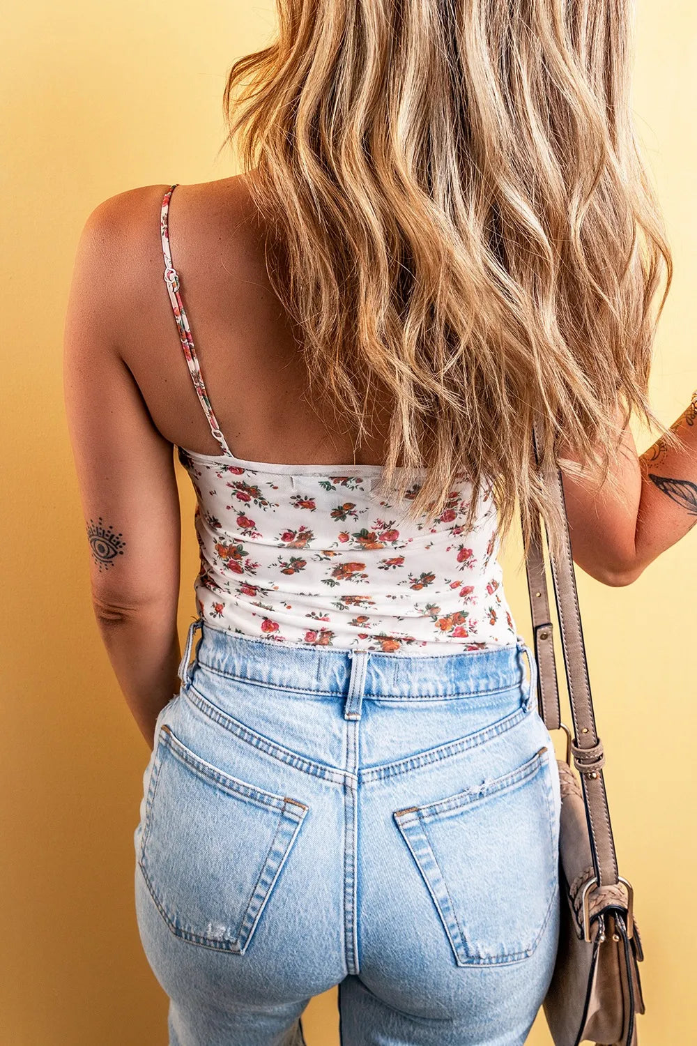 Trendsi Floral Frilled Trim Spaghetti Straps Bodysuit