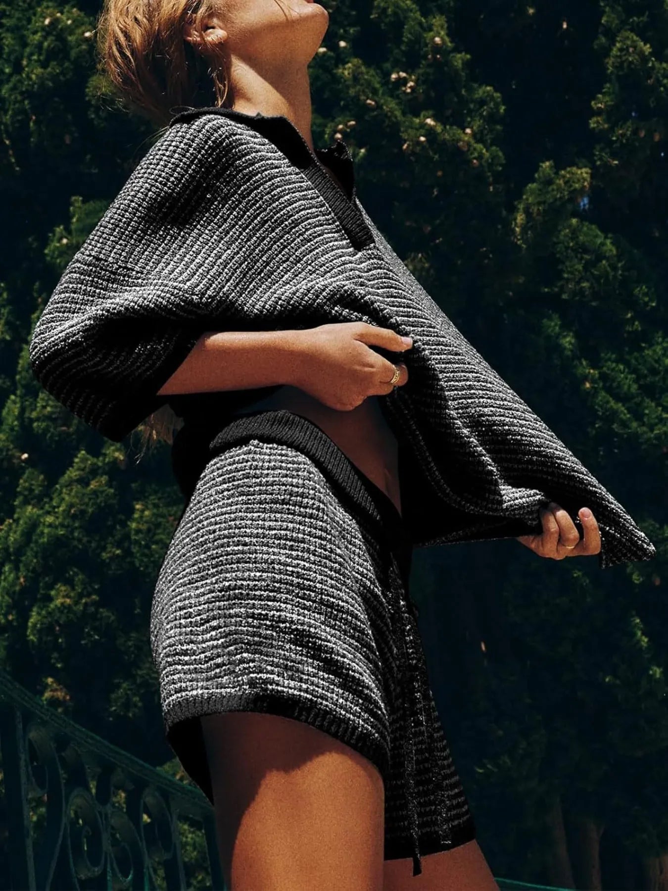 Collared Neck Contrast Striped Top and Shorts Sweater Set Black & Black Easy Apparels