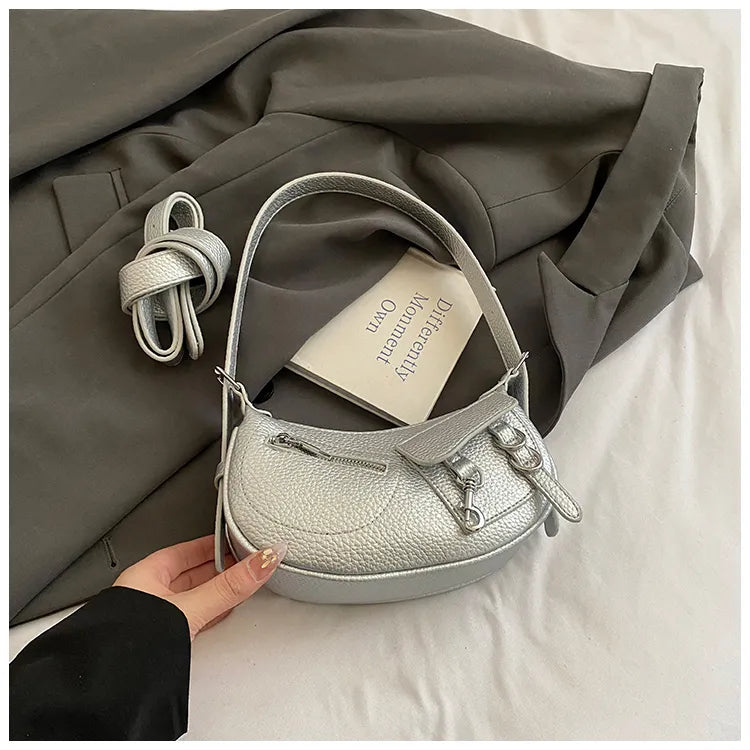 Textured Leather Shoulder Bag Silver onesize Easy Apparels