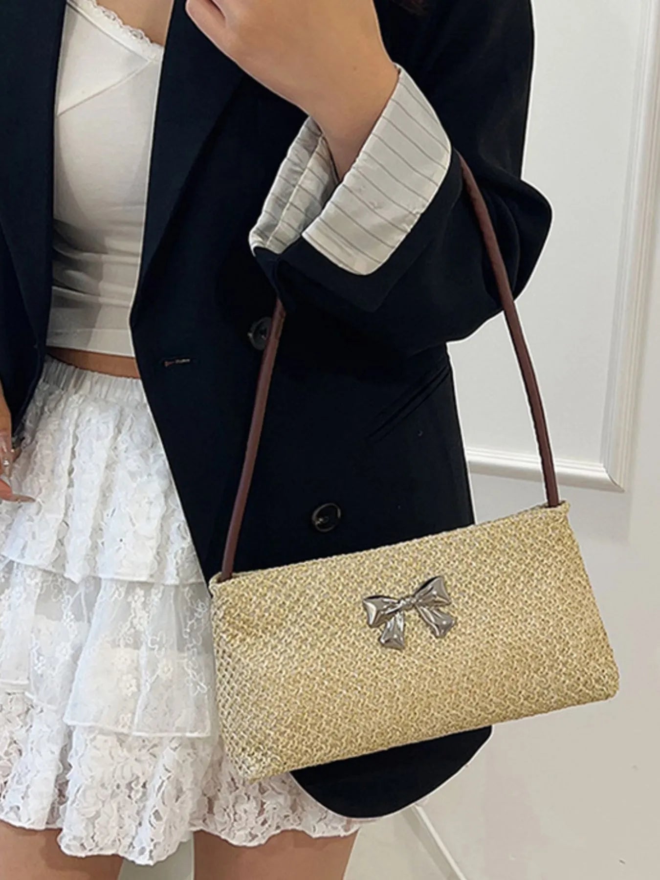 Woven Straw Shoulder Bag with Bow Detail Easy Apparels