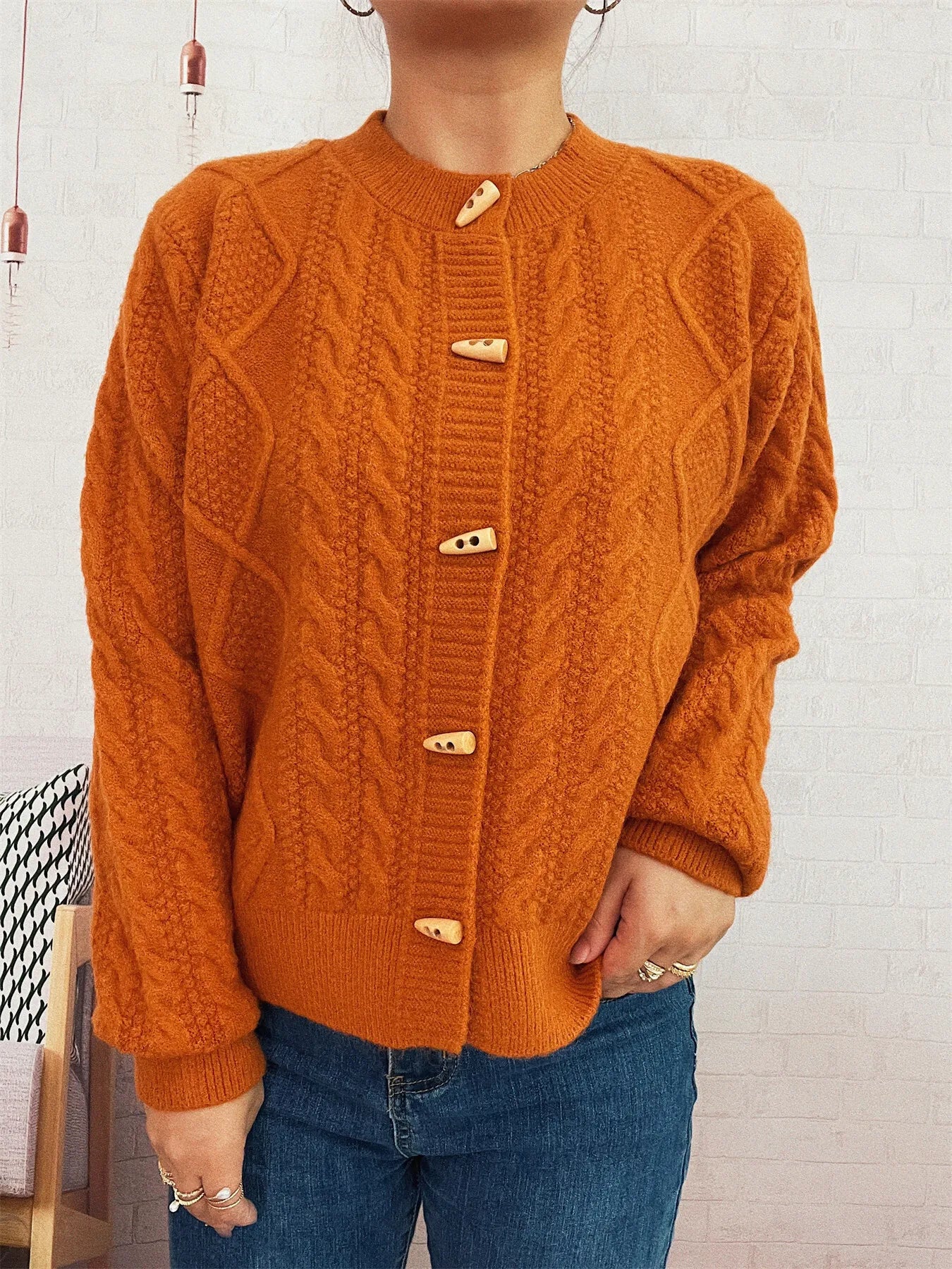 Cable Knit Button-Up Cardigan Easy Apparels
