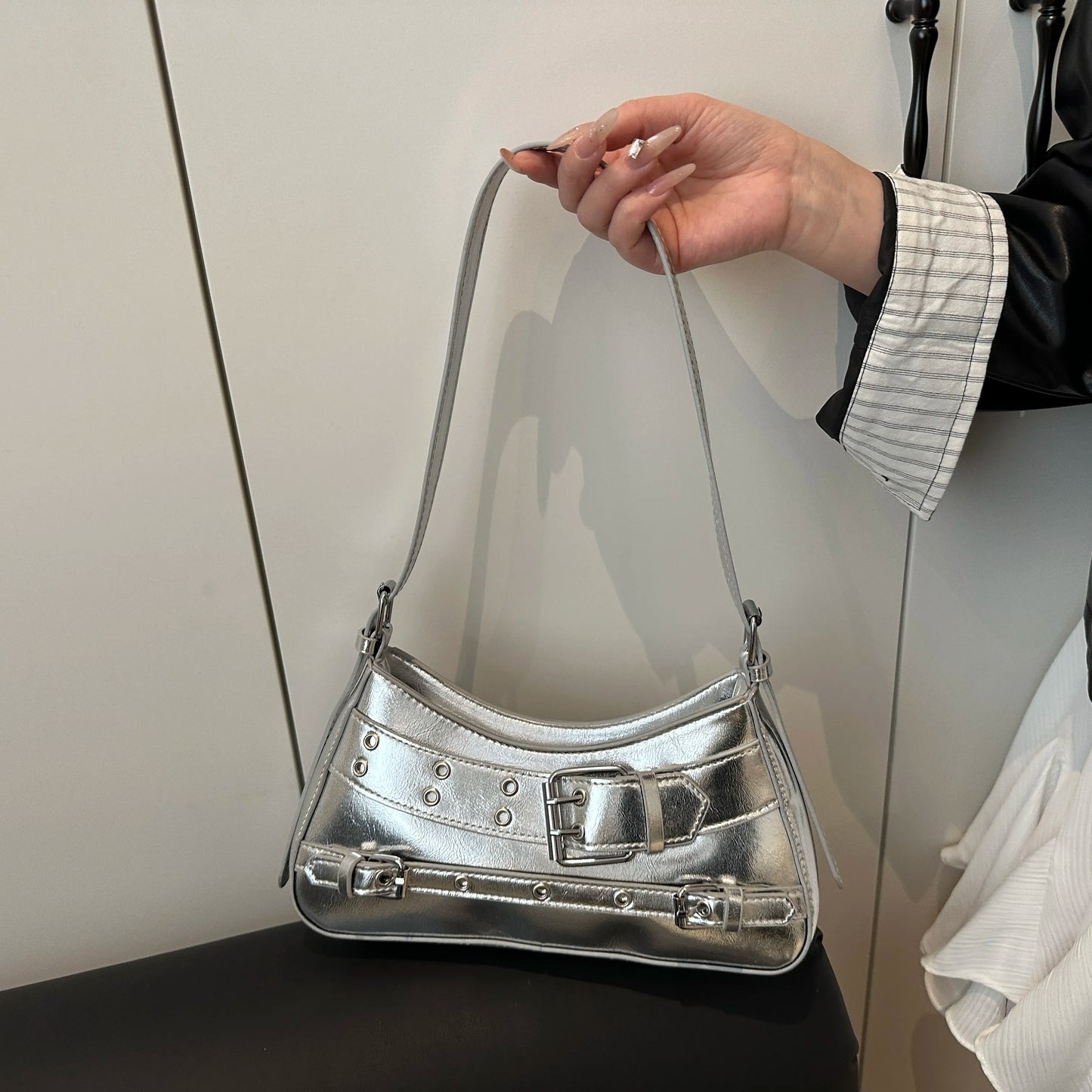 Leather Buckle Shoulder Bag Silver onesize Easy Apparels