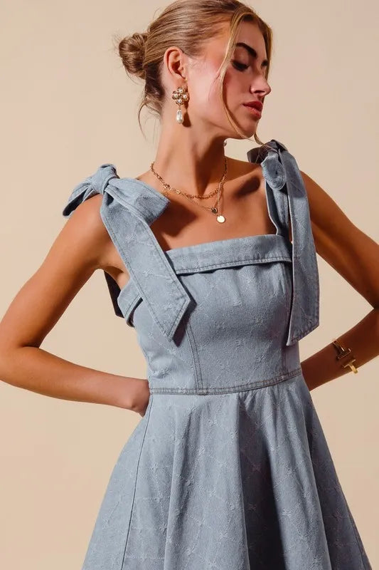 SO ME A Line Fit and Flare Diamond Bow Ribbon Denim Dres Easy Apparels