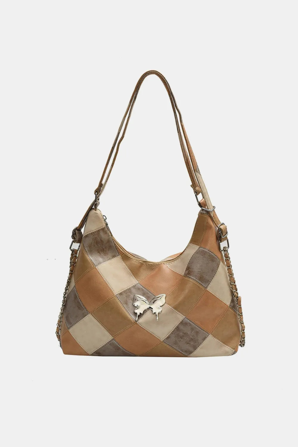 PU Leather Color Block Shoulder Bag Camel One Size Easy Apparels