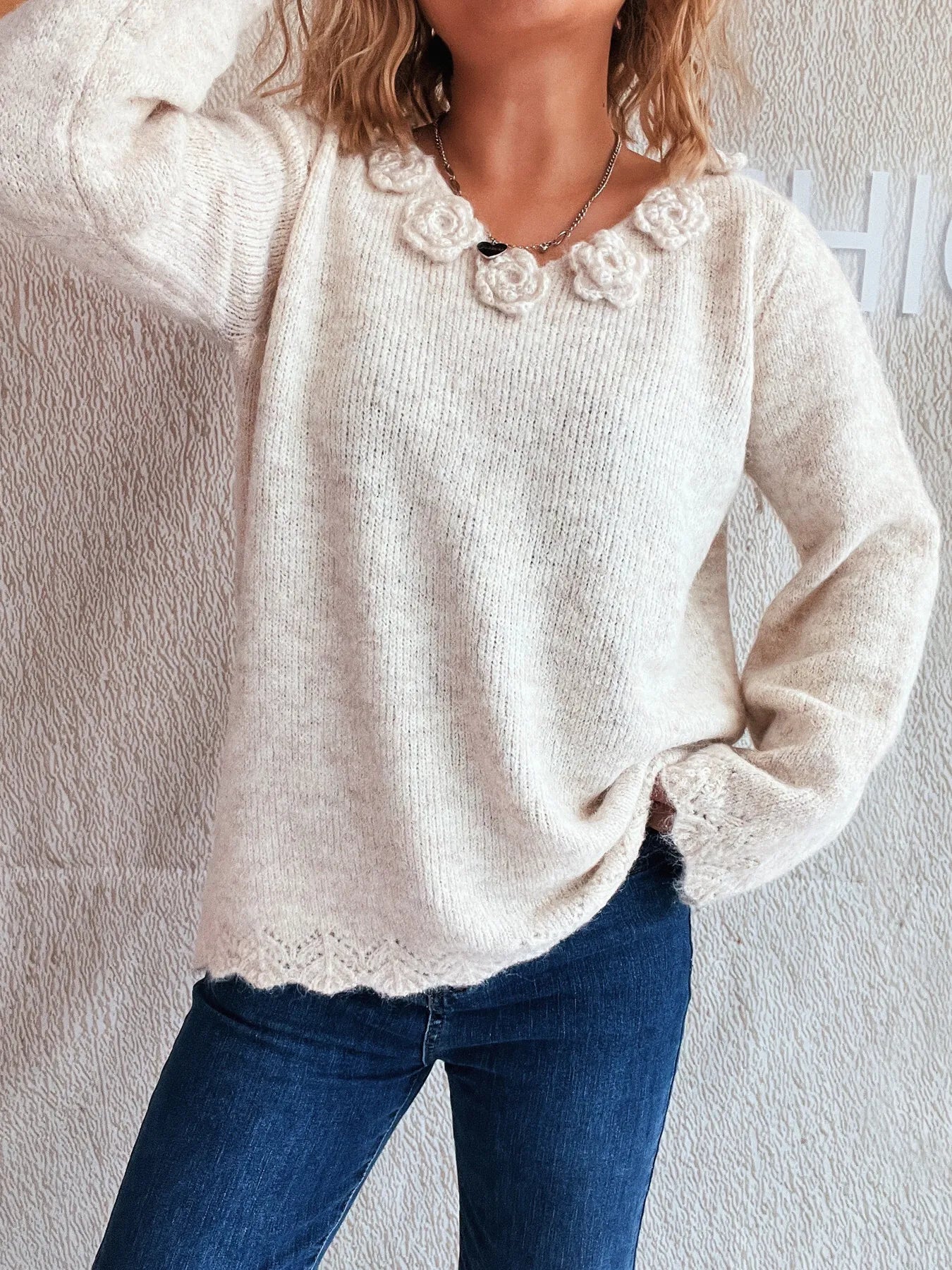 Trendsi Flower V-Neck Long Sleeve Sweater Apricot One Size
