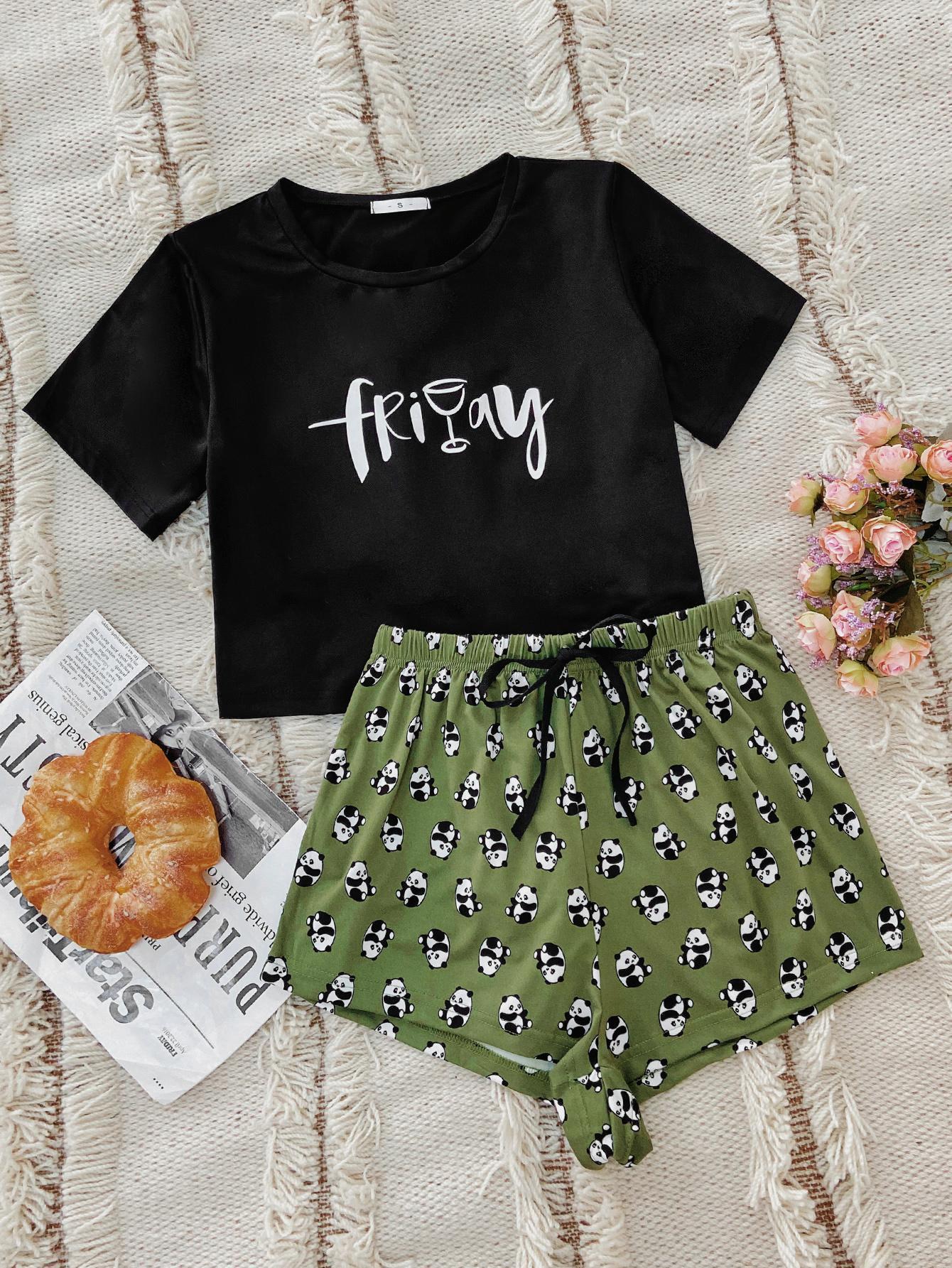 Graphic Tee and Panda Print Shorts Lounge Set Easy Apparels