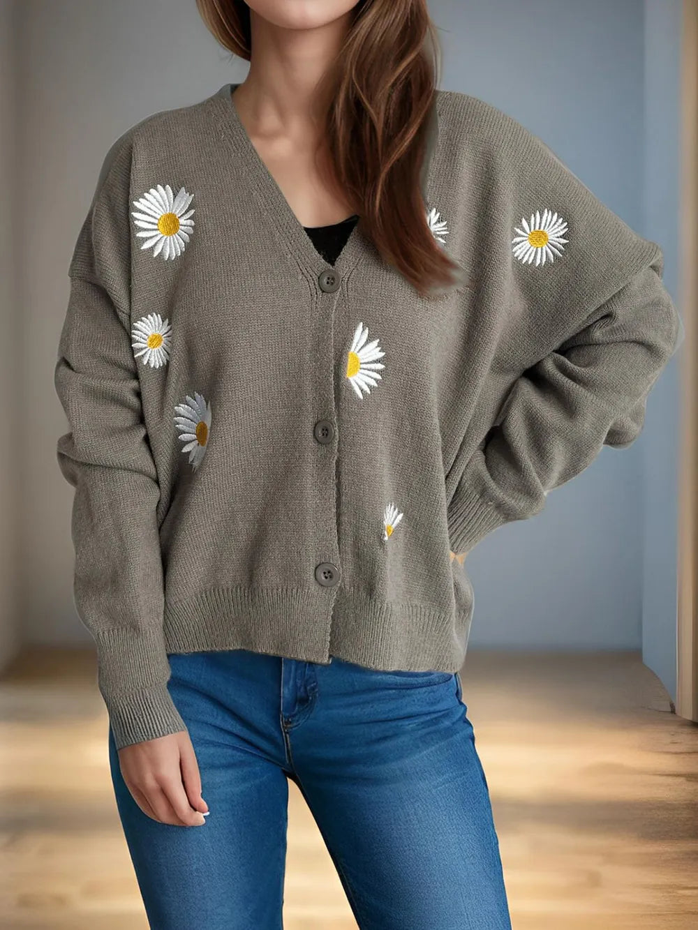 Daisy Button Up V-Neck Cardigan Easy Apparels