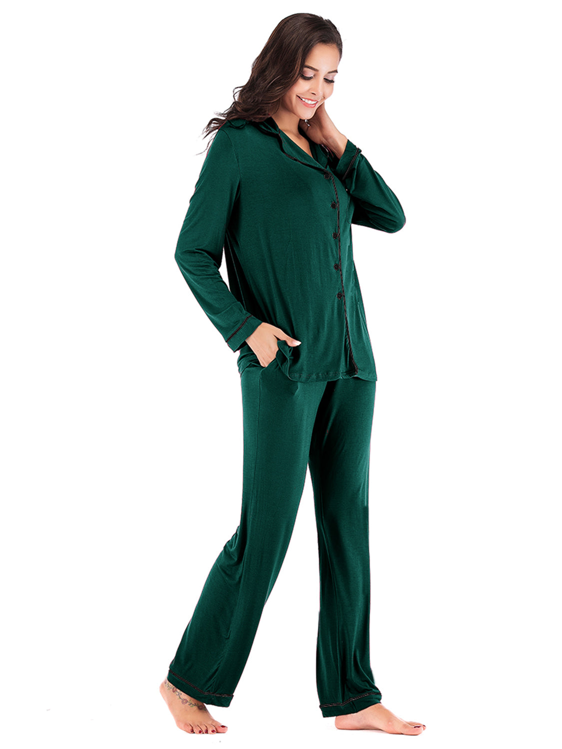 Collared Neck Long Sleeve Loungewear Set with Pockets Easy Apparels