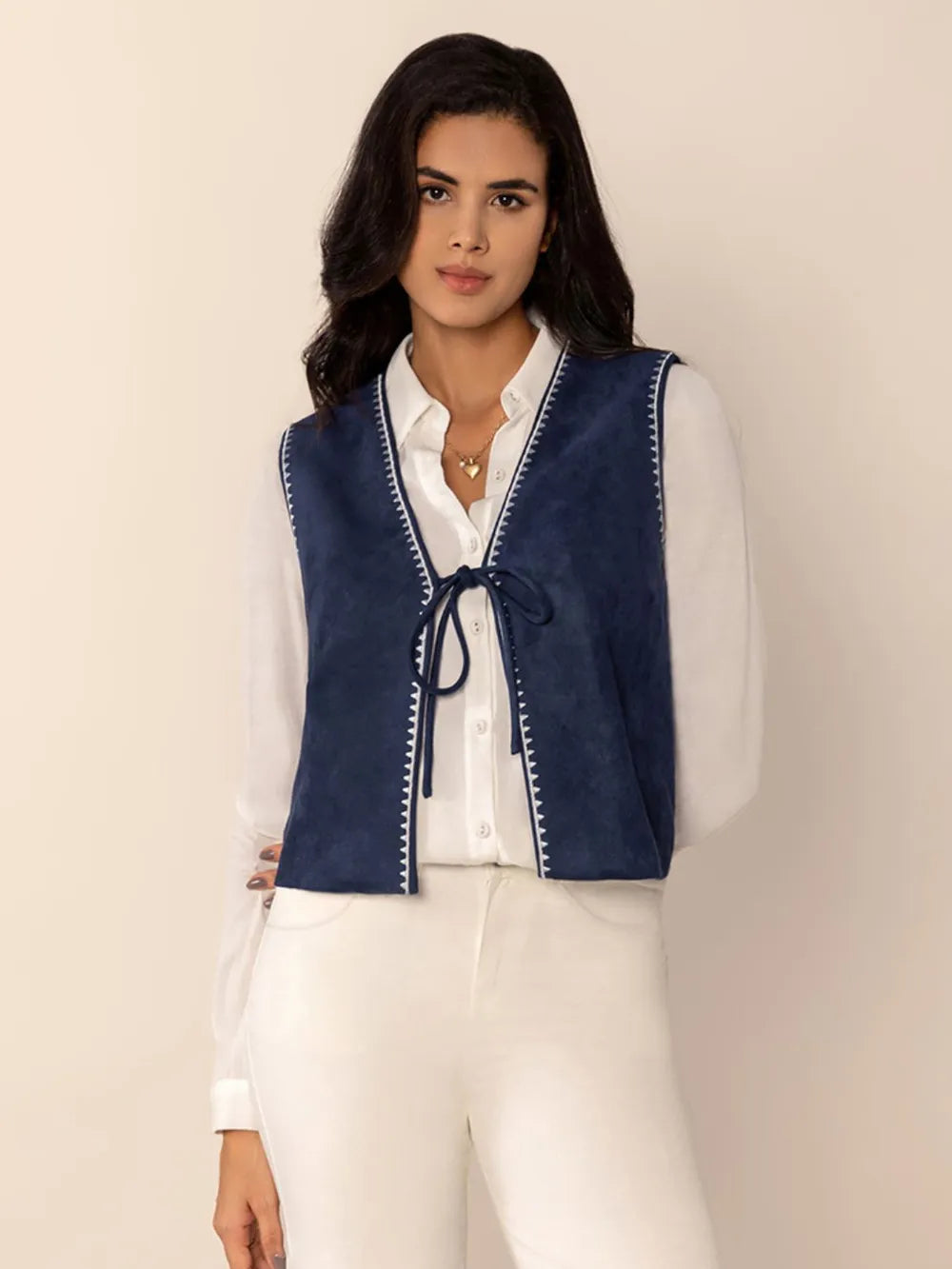 Tied Contrast Trim Vest Easy Apparels