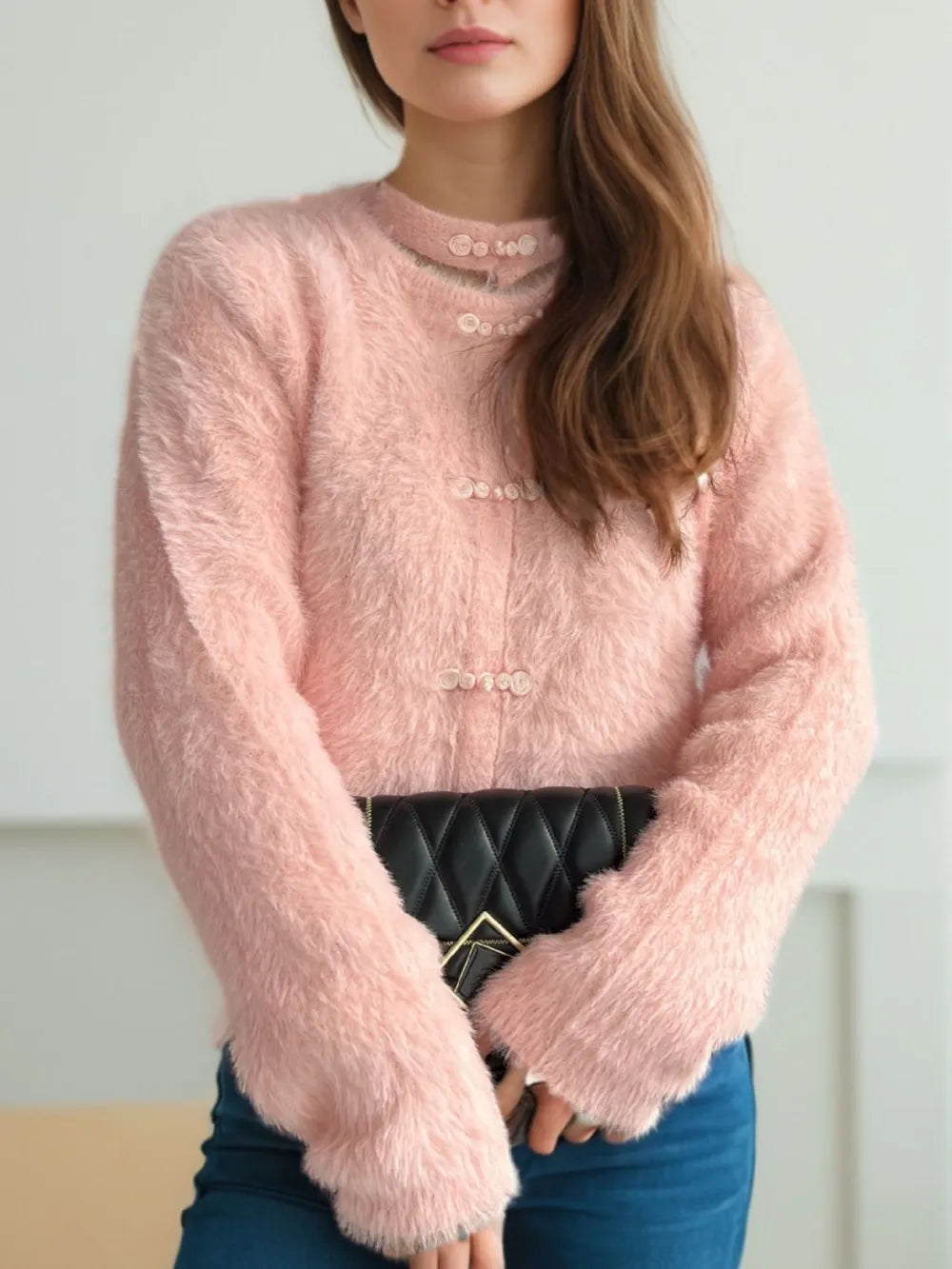 Cutout Knot Button Long Sleeve Cardigan Pale Blush One Size Easy Apparels