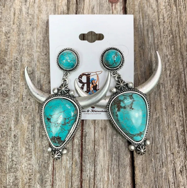 Artificial Turquoise Alloy Cow Head Earrings Turquoise One Size Easy Apparels