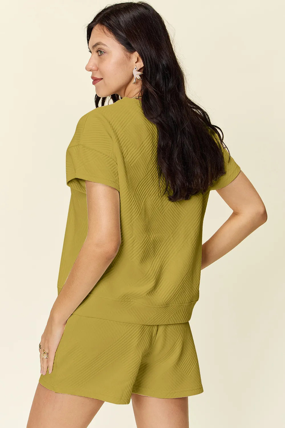 Double Take Full Size Texture Short Sleeve T-Shirt and Drawstring Shorts Set Easy Apparels