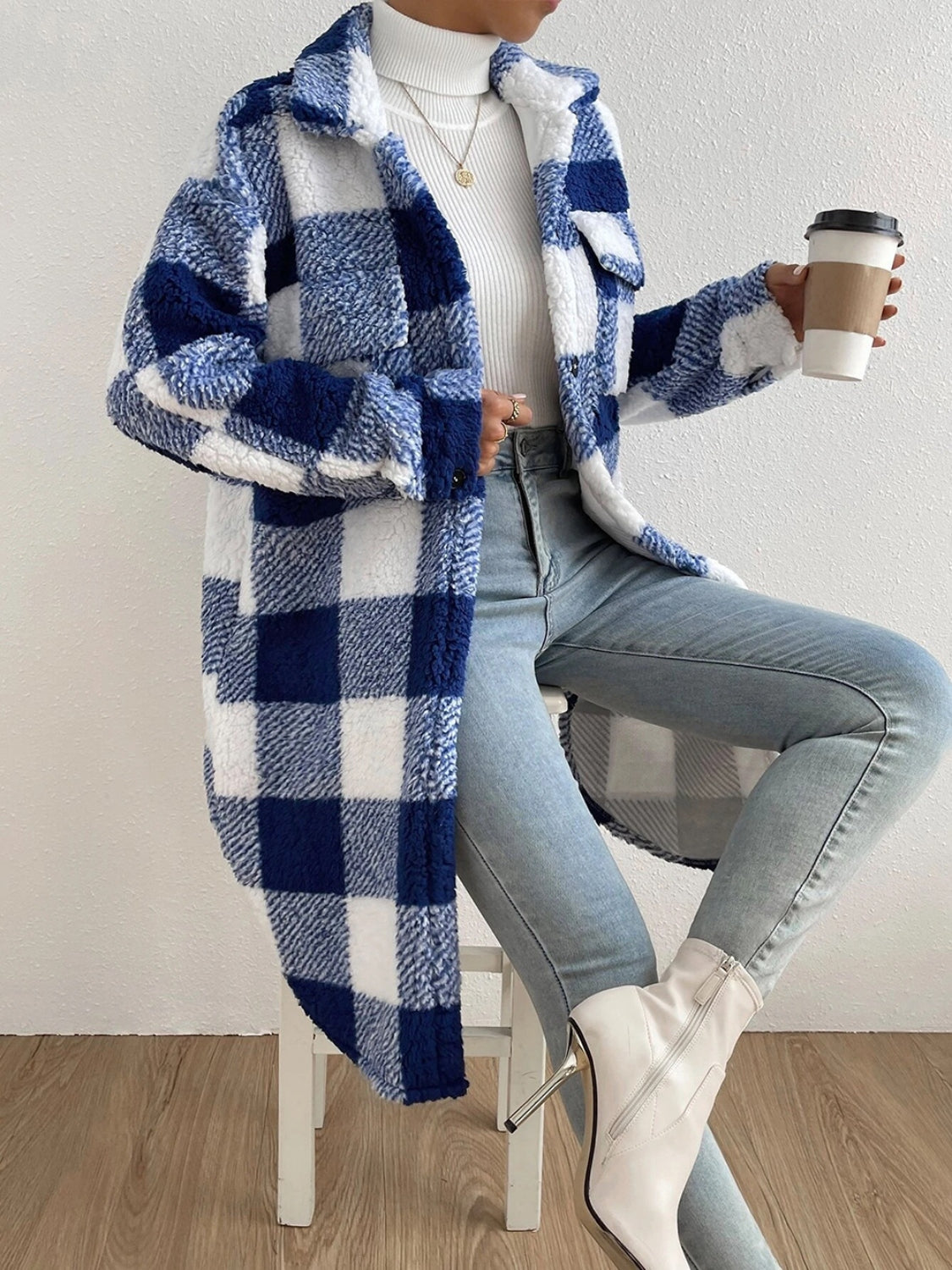 Plaid Collared Neck Button Down Coat Easy Apparels