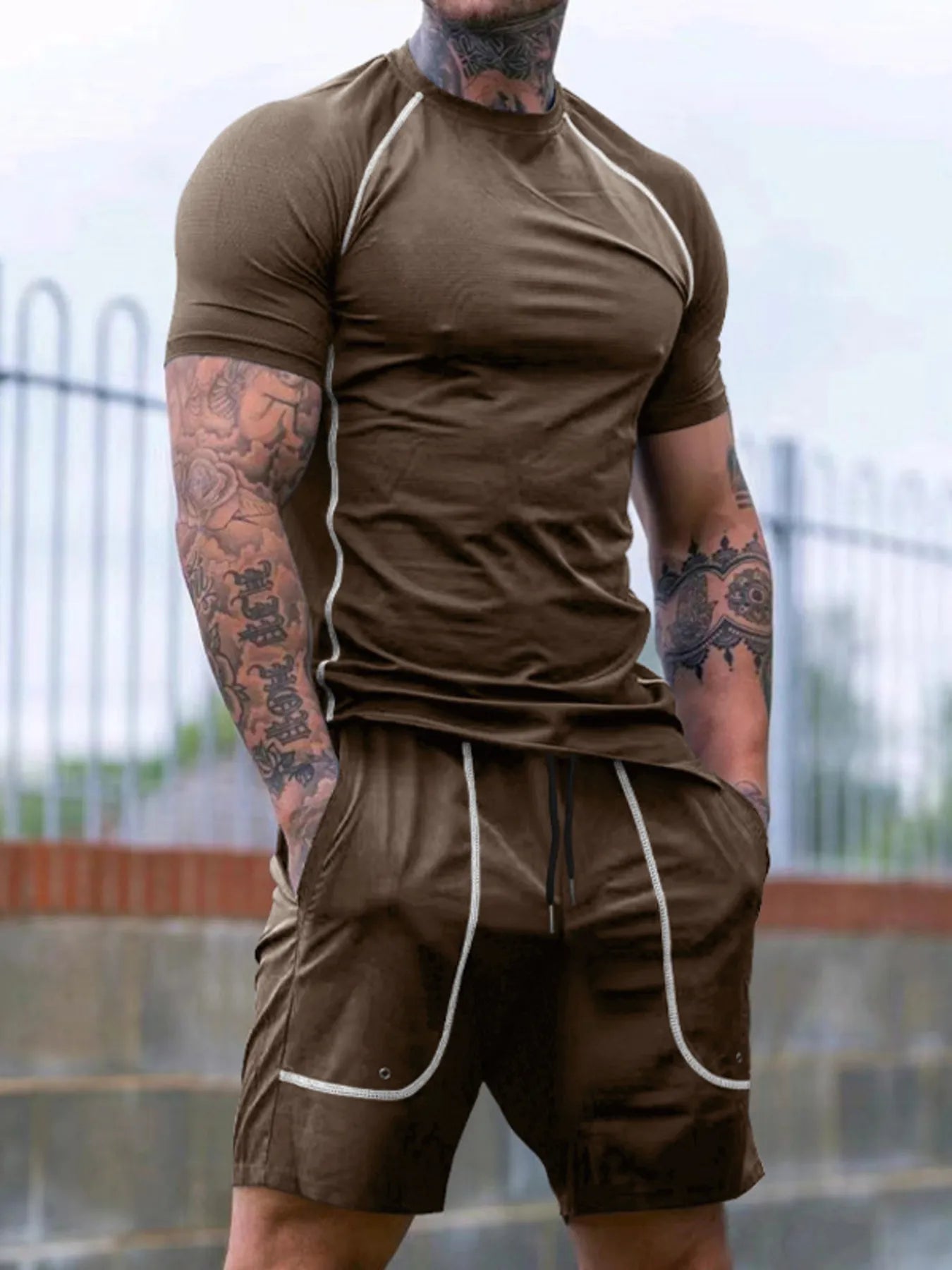 Men's Full Size Round Neck Short Sleeve T-Shirt and Shorts Set Plus Size Khaki Easy Apparels