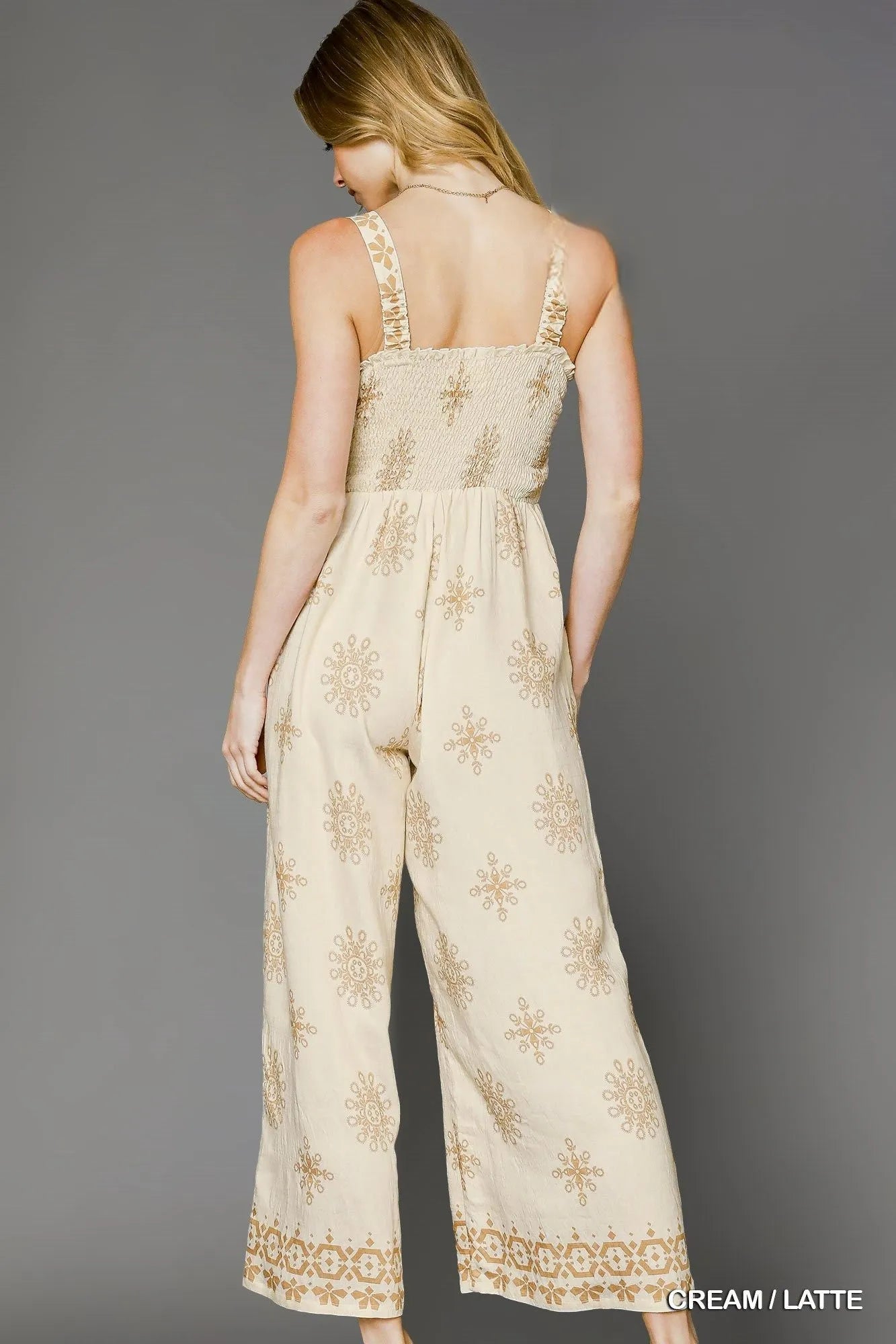 Umgee Smocked Printed Wide Leg Jumpsuit Easy Apparels