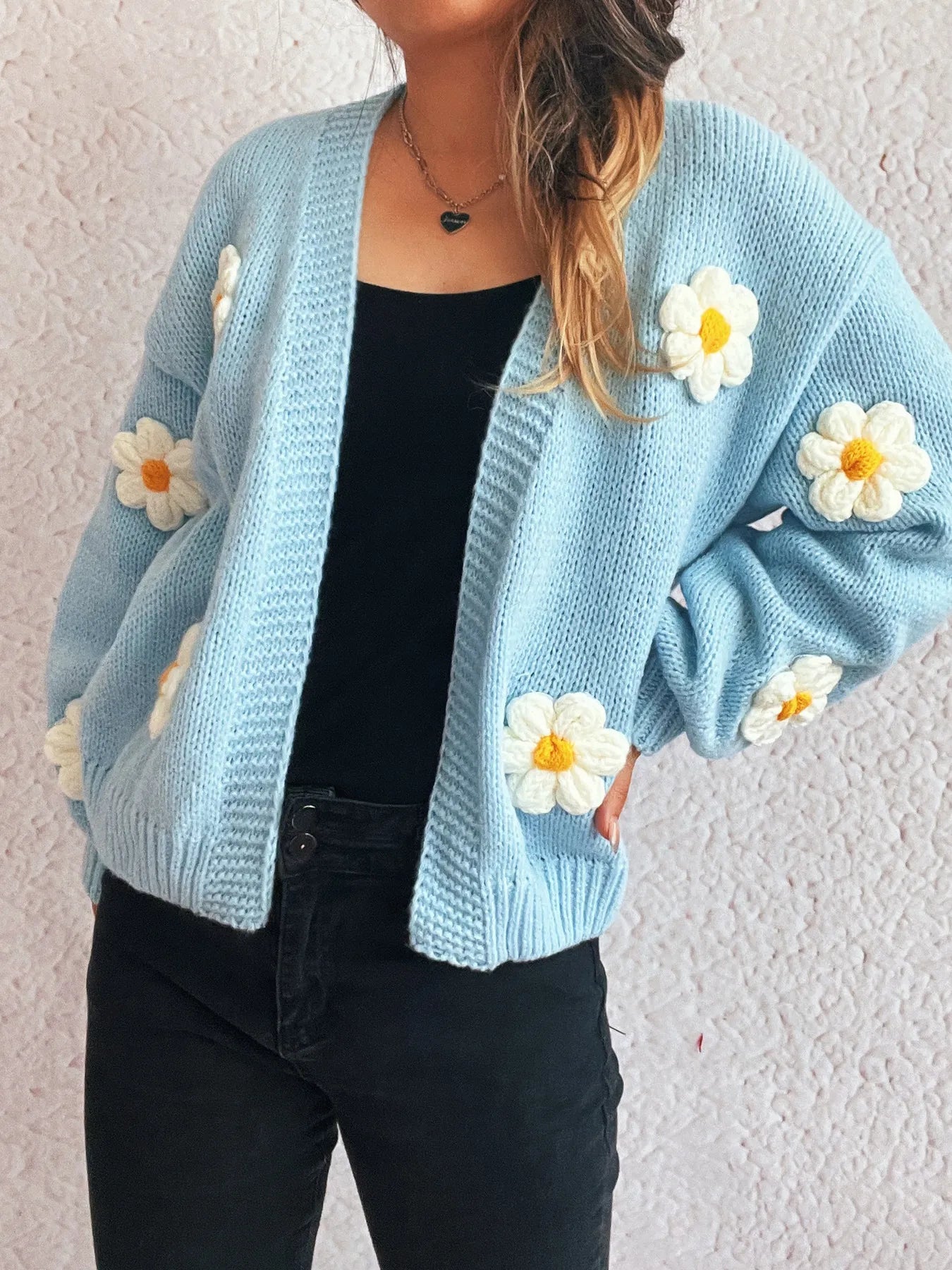 Flower Open Front Long Sleeve Cardigan Easy Apparels