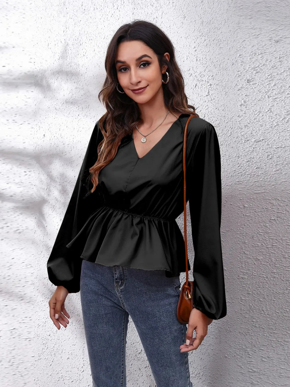 Trendsi V-Neck Balloon Sleeve Peplum Blouse Black