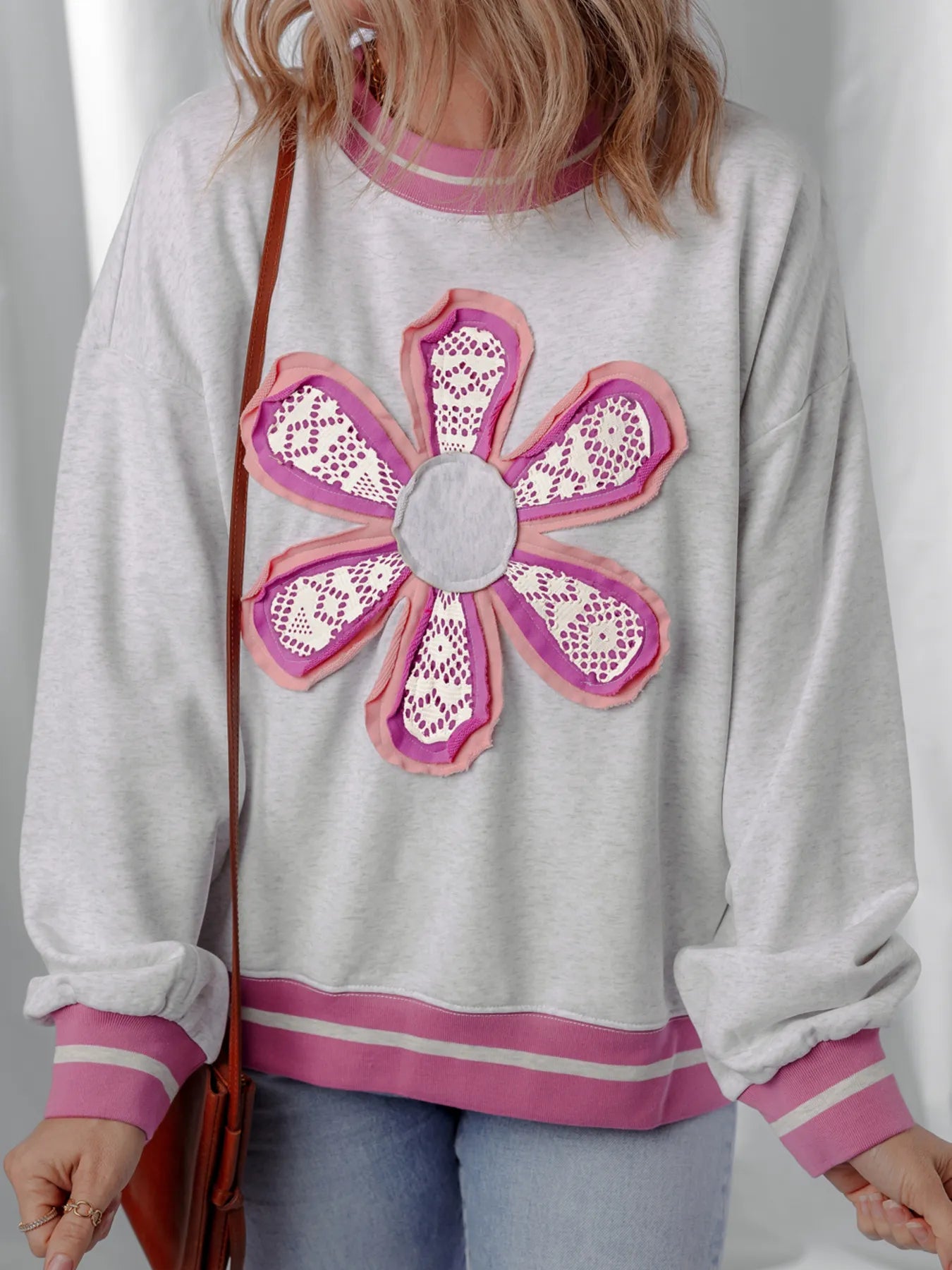 Trendsi Flower Patch Contrast Trim Crew Neck Sweatshirt