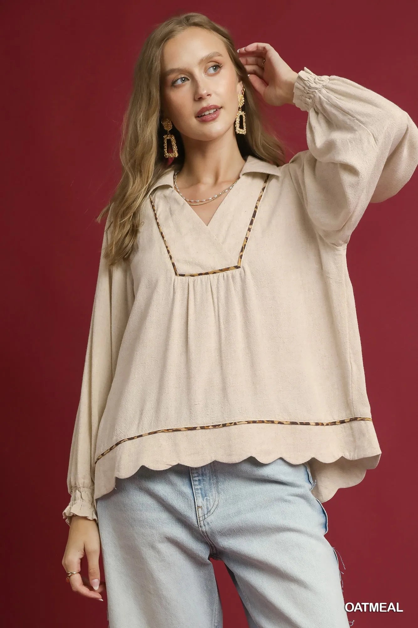 Umgee Full Size Linen Scallop Hem Blouse with Contrast Trim Plus Size OATMEAL Easy Apparels