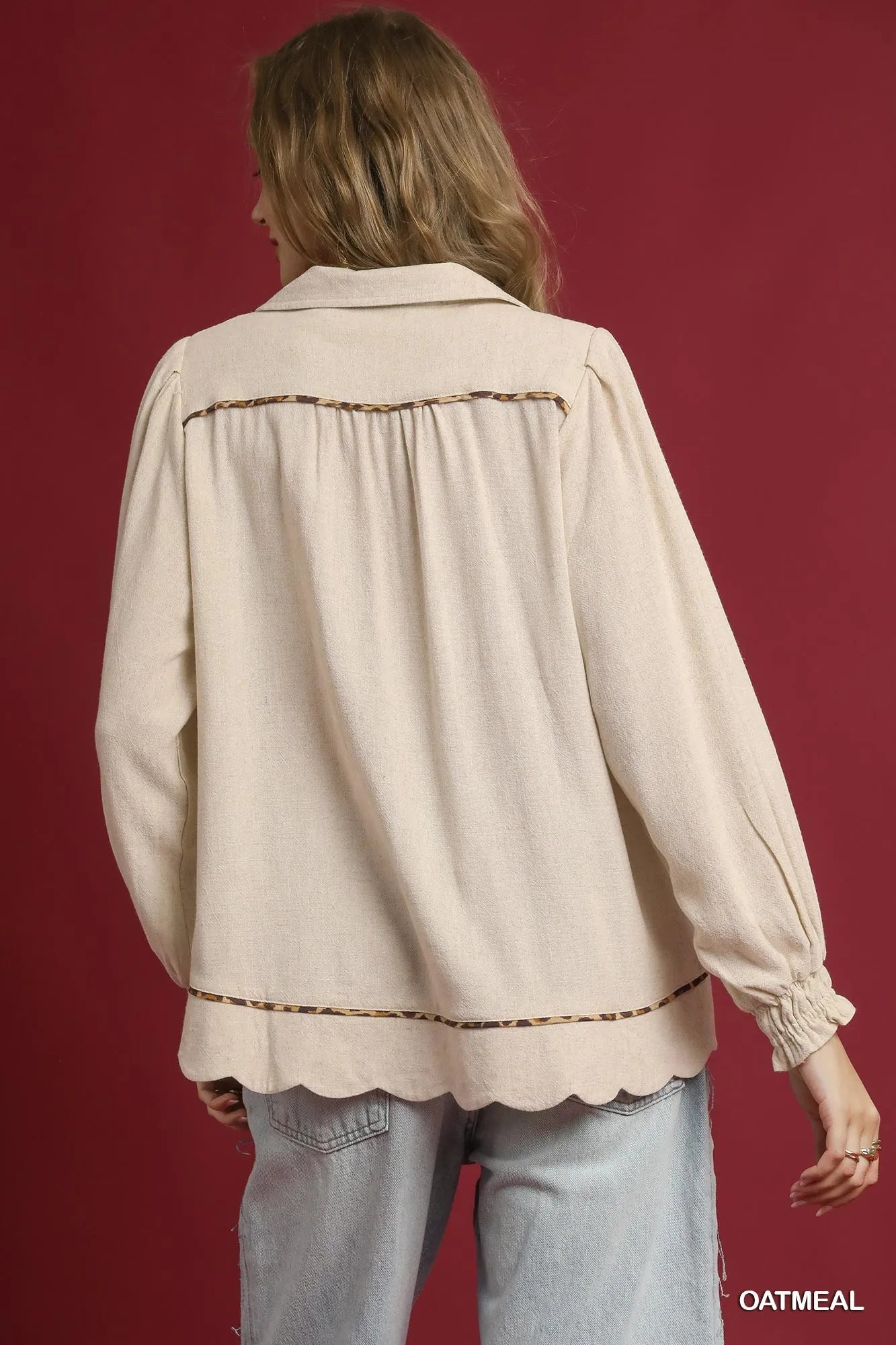 Umgee Full Size Linen Scallop Hem Blouse with Contrast Trim Plus Size Easy Apparels