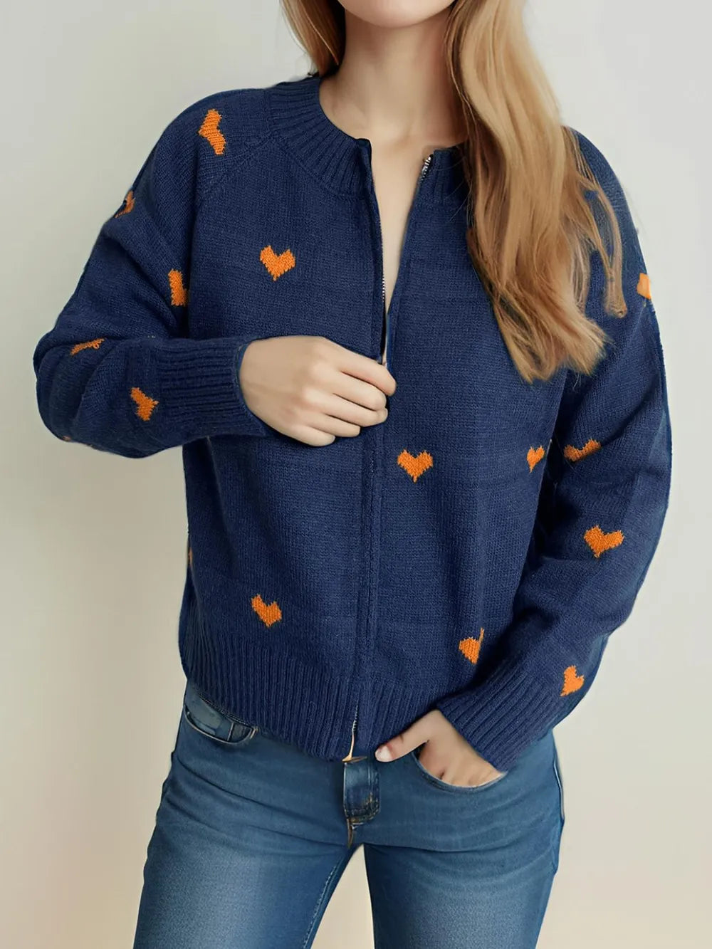 Heart Round Neck Zip Up Cardigan Easy Apparels