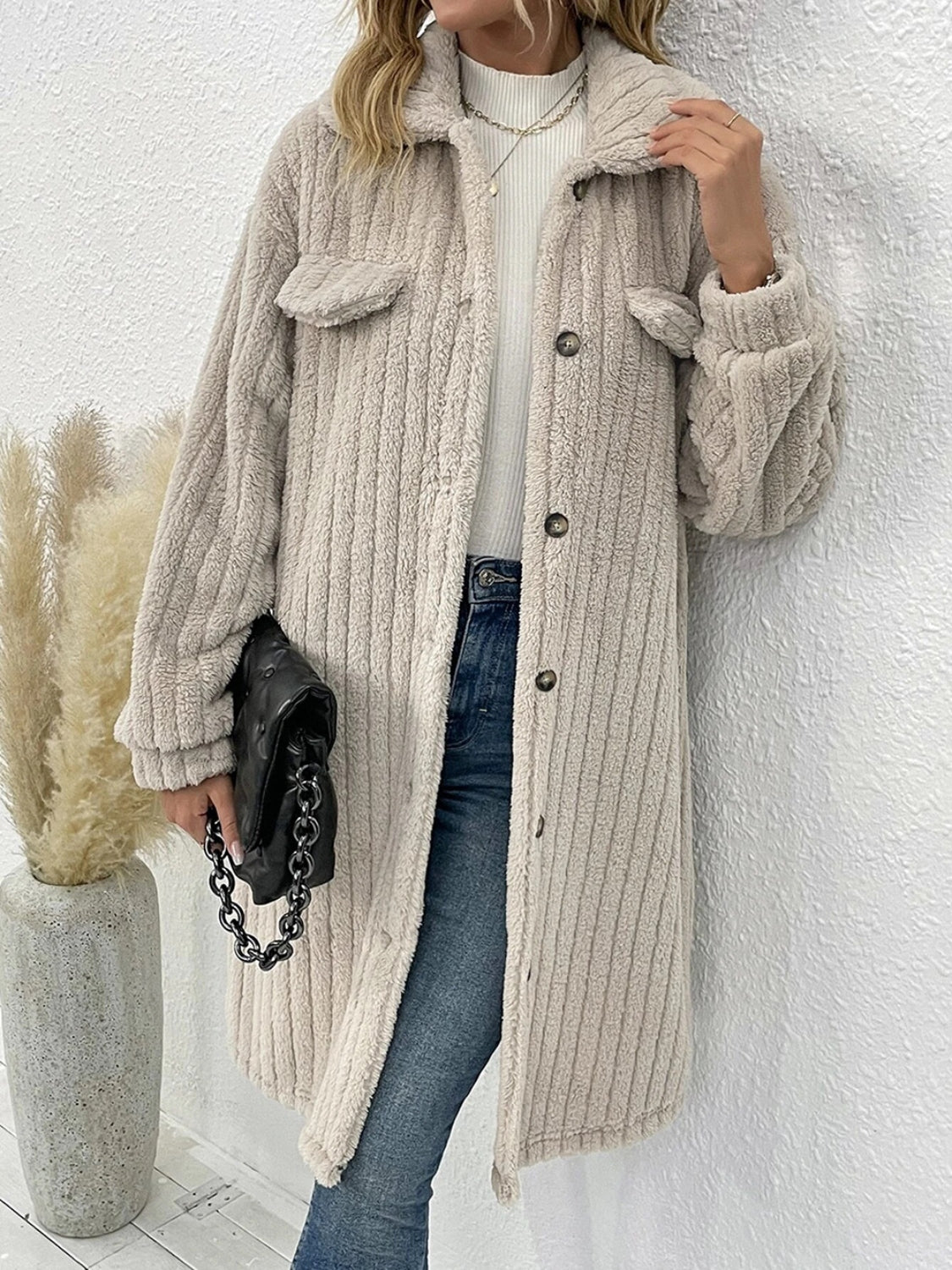 Collared Neck Drop Shoulder Coat Beige Easy Apparels