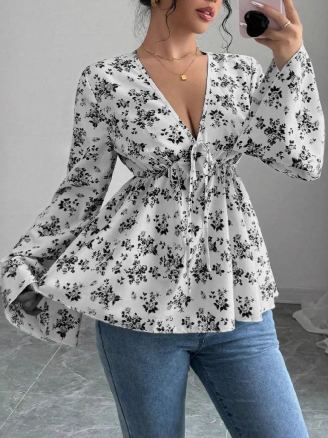 Trendsi Floral Print V-Neck Long Sleeve Blouse Black
