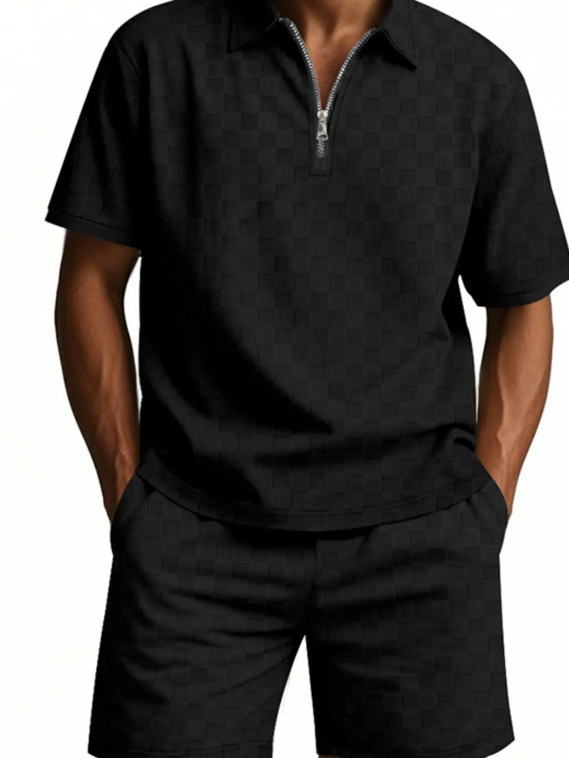 Men's Full Size Quarter Zip Short Sleeve Top and Shorts Set Plus Size Black Easy Apparels