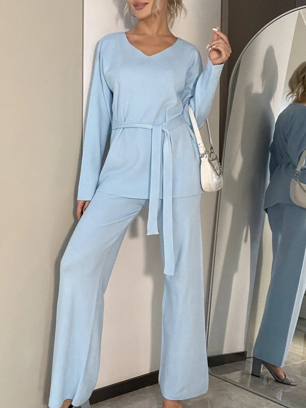 V-Neck Long Sleeve Top and Drawstring Pants Sweater Set Easy Apparels
