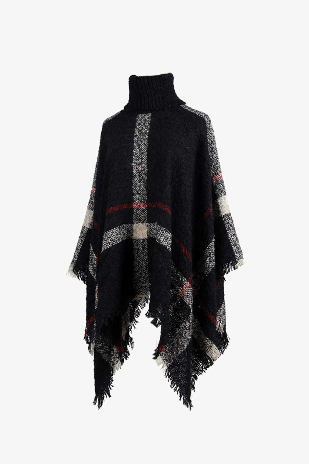 Plaid Turtleneck Raw Hem Poncho Easy Apparels