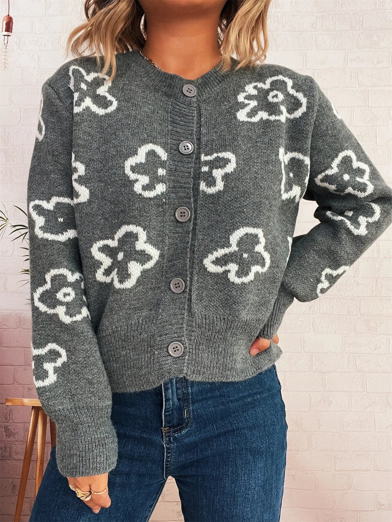 Floral Pattern Button-Up Cardigan Easy Apparels