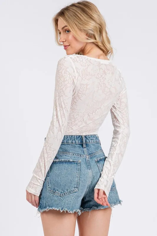 Trendsi Ces Femme Velvet Floral Long Sleeve Bodysuit