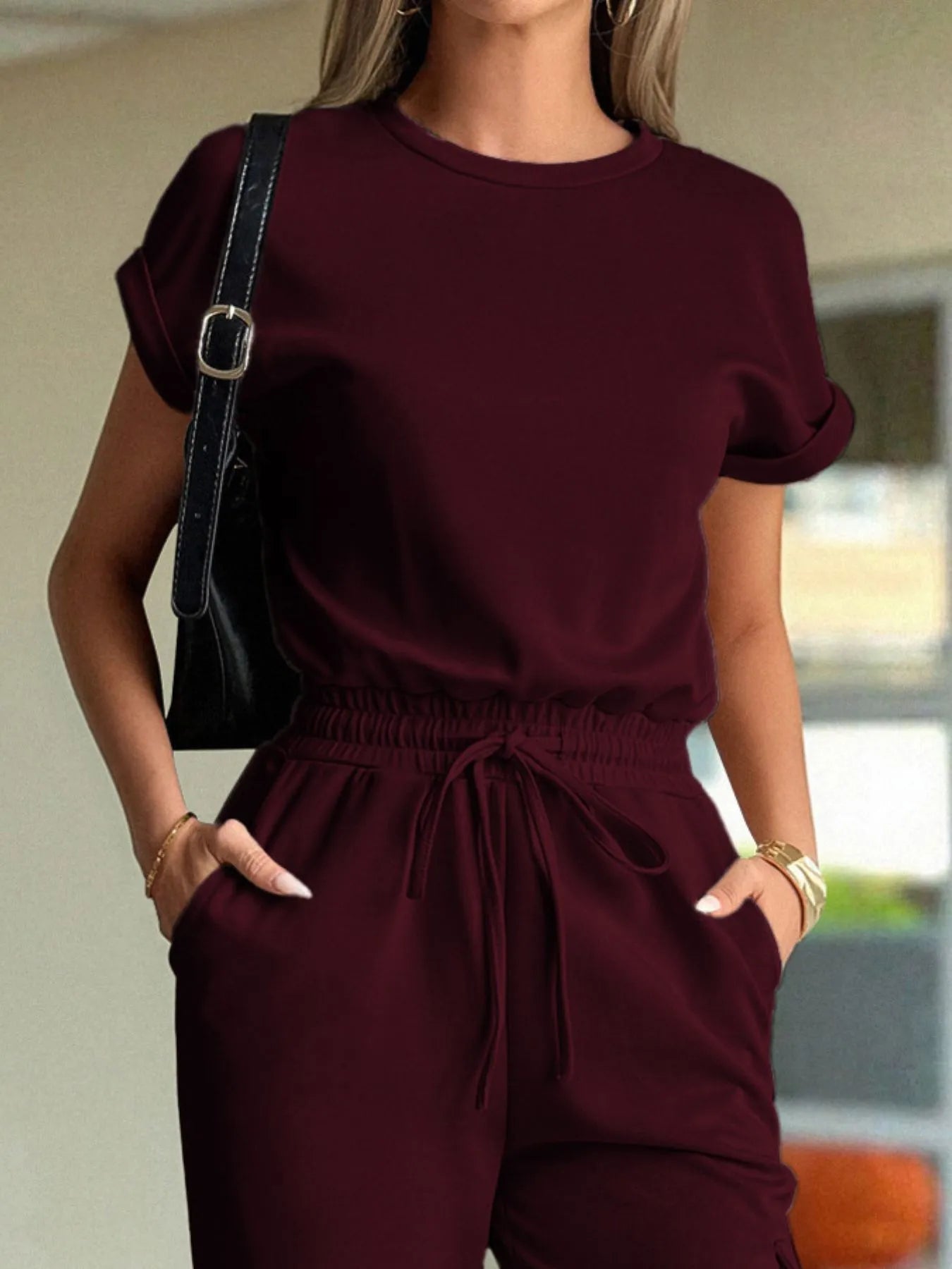Round Neck Short Sleeve Top and Pants Set Easy Apparels