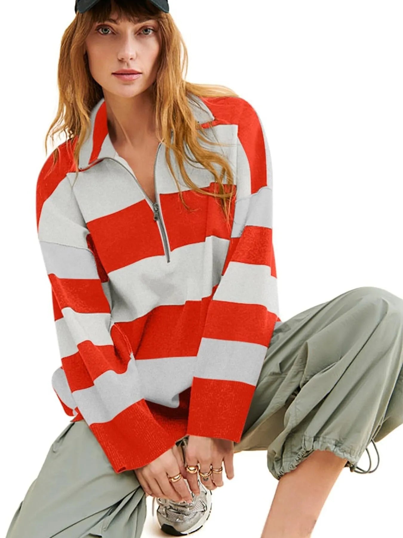 Trendsi Striped Half-Zip Oversized Sweatshirt