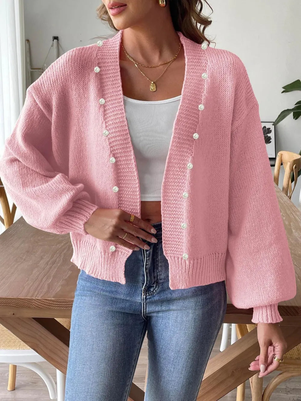 Pearl Open Front Long Sleeve Cardigan Easy Apparels
