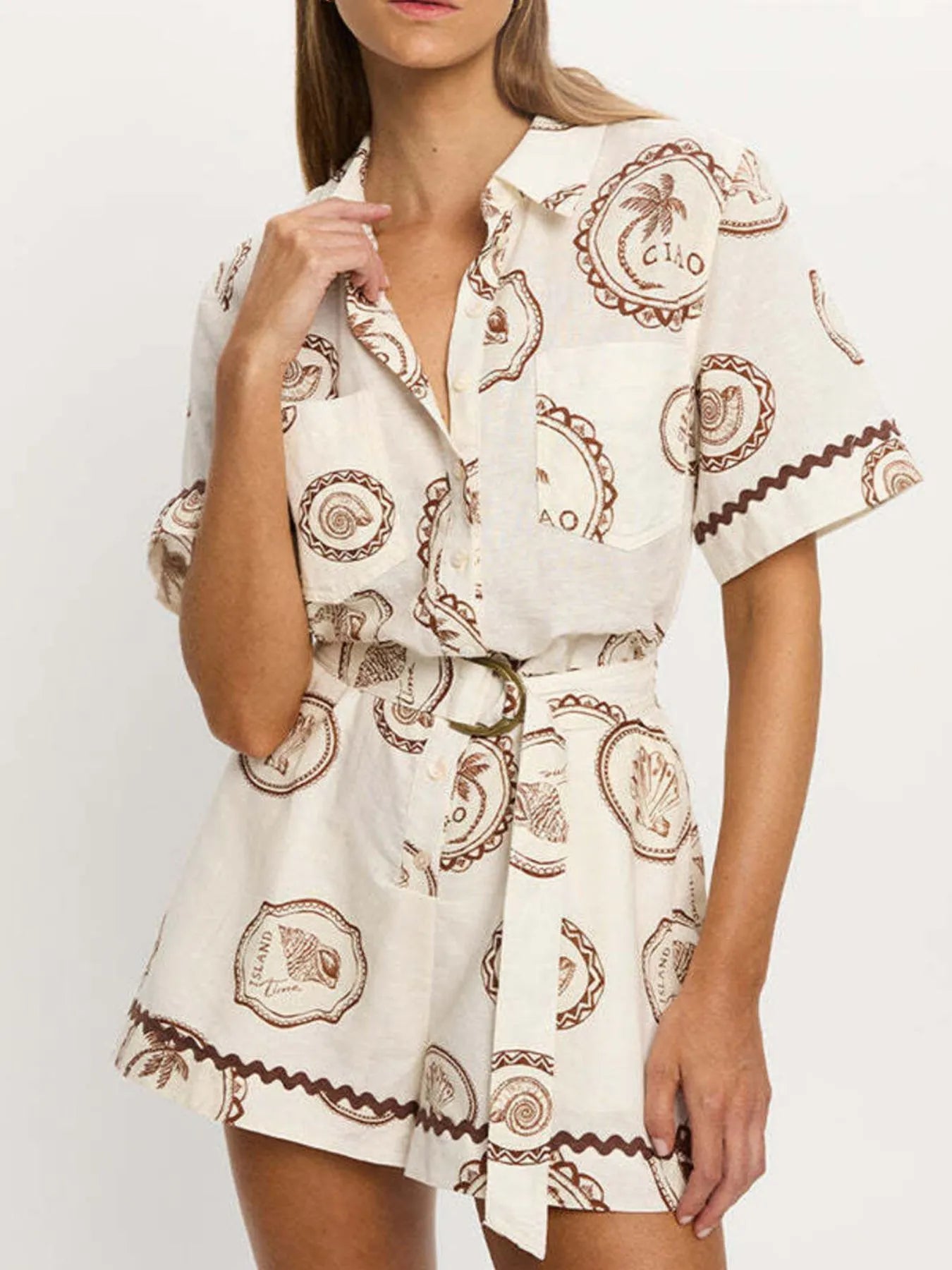 Printed Button-Up Half Sleeve Romper Easy Apparels