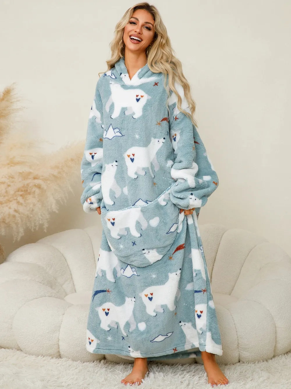 Fuzzy Pocketed Long Sleeve Hooded Lounge Dress Easy Apparels